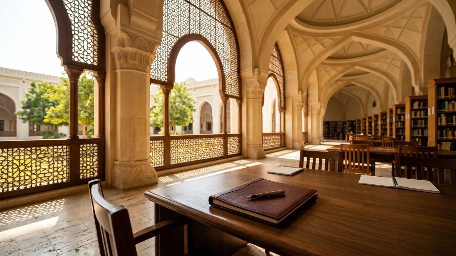 University of Sharjah (UOS) sandstone campus archways and academic study hall with 4.00 GPA calculation ledger